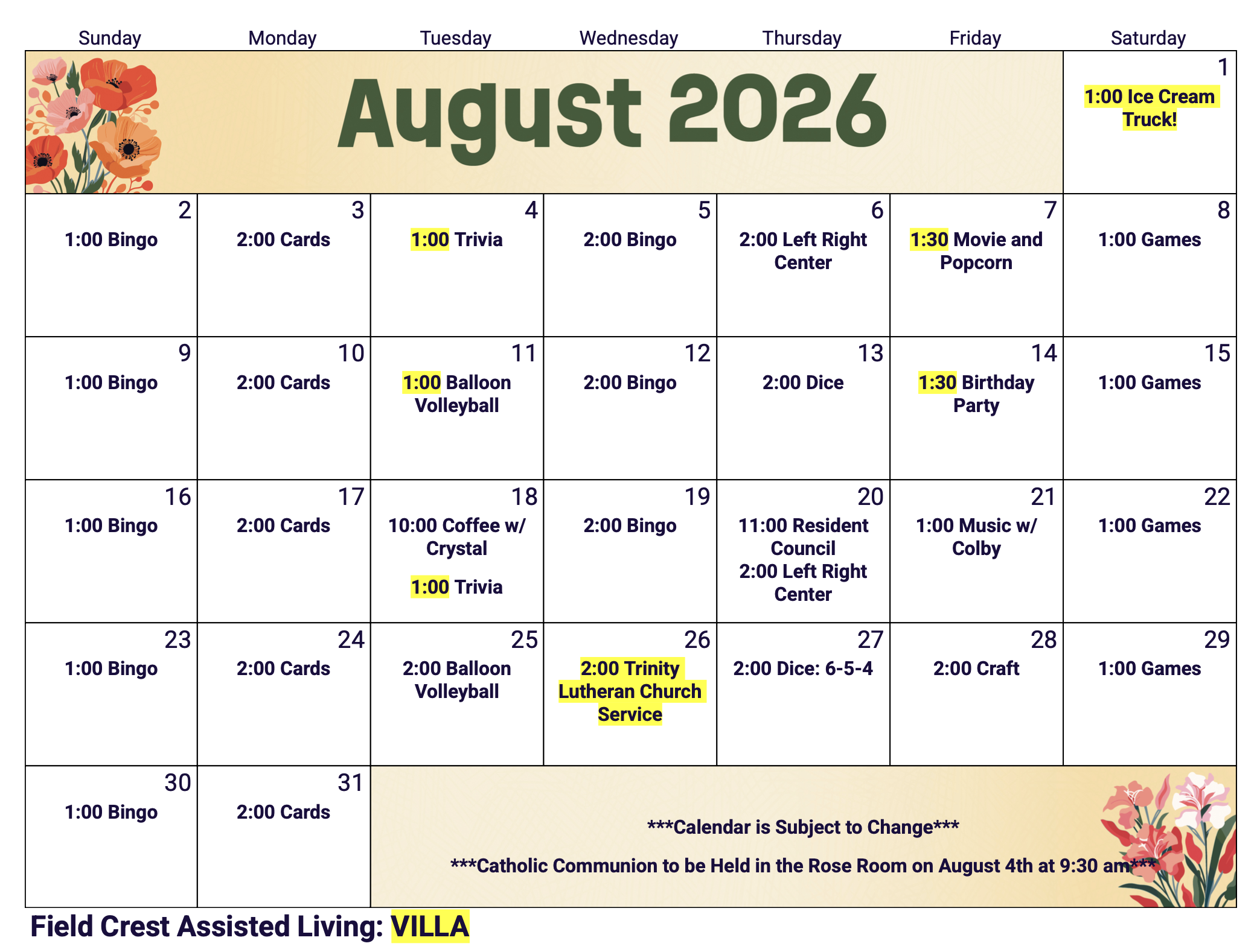 Field Crest AL Villa August 2026 Activity Calendar