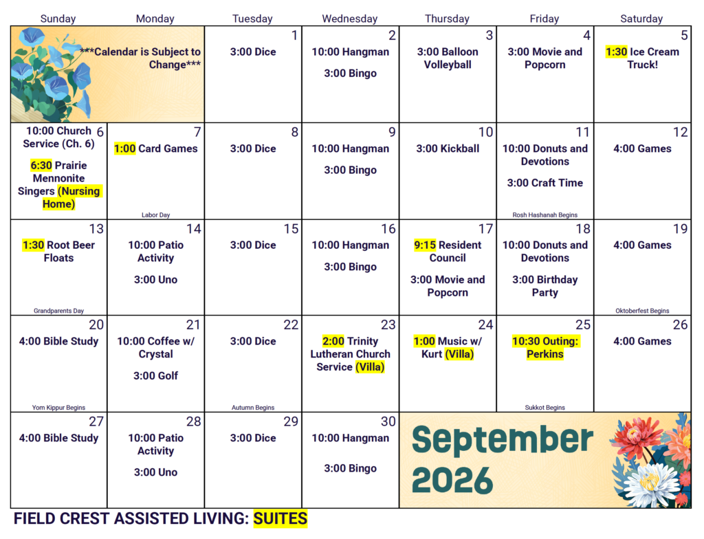 September villa calendar