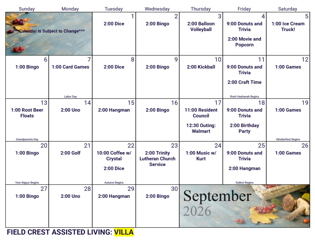 Crest View Villa Calendar