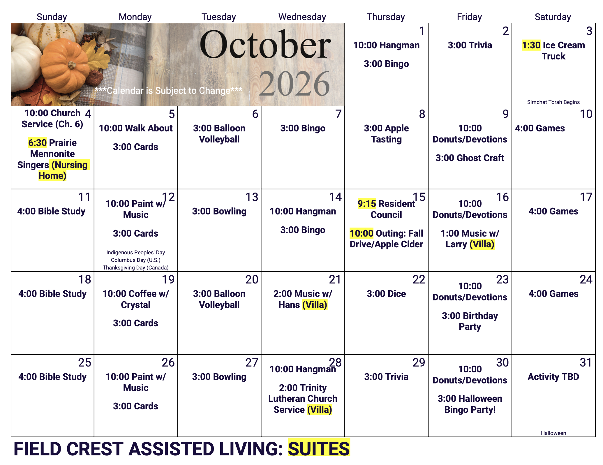 October 2026 Field Crest Assisted Living Suites Activity Calendar