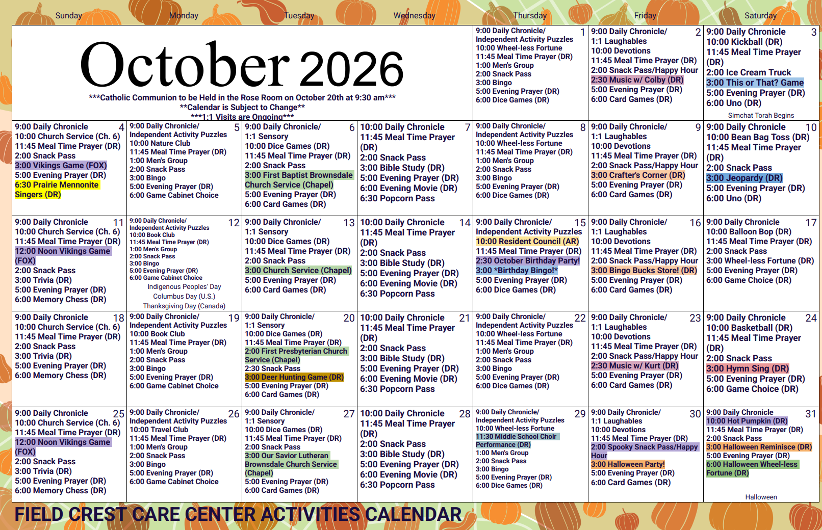 Field Crest Care Center October 2026 Calendar