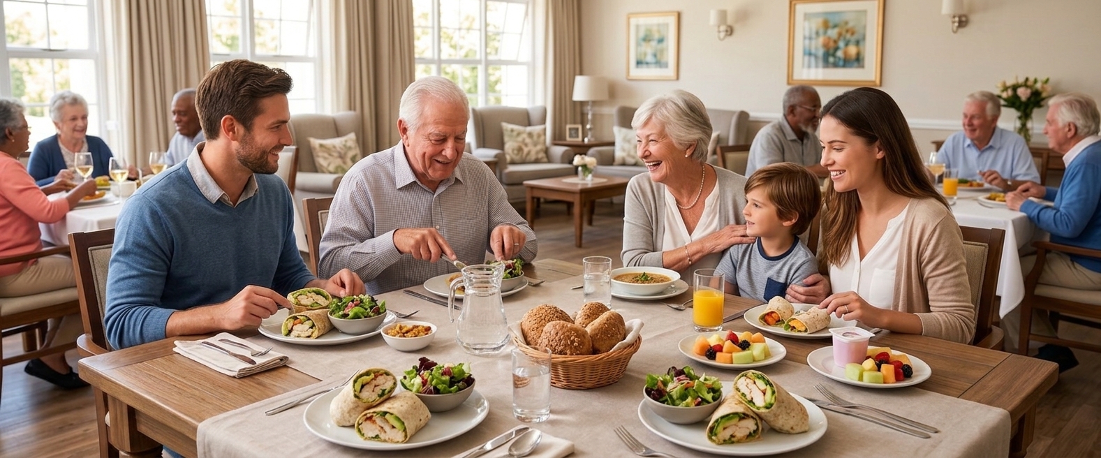 A family enjoying a meal at a senior home