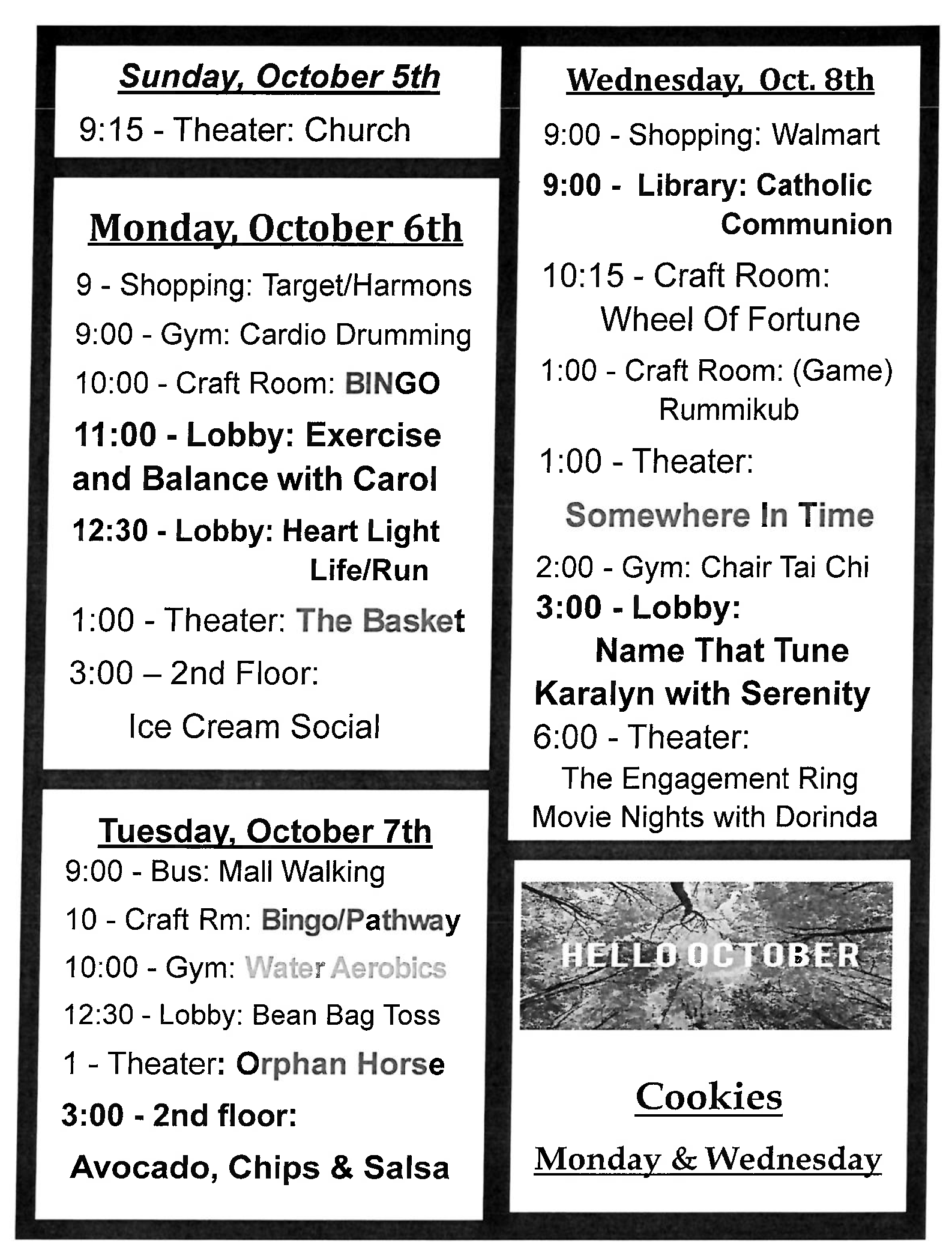 October Newsletter page 1 which goes over all of the events from the 5th through the 8th.