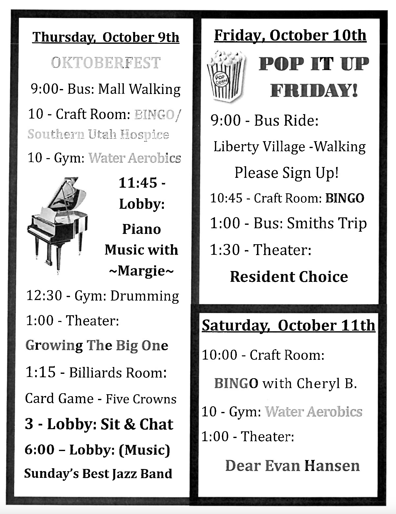 October page 2 showing events for October 9th, 10th and 11th.