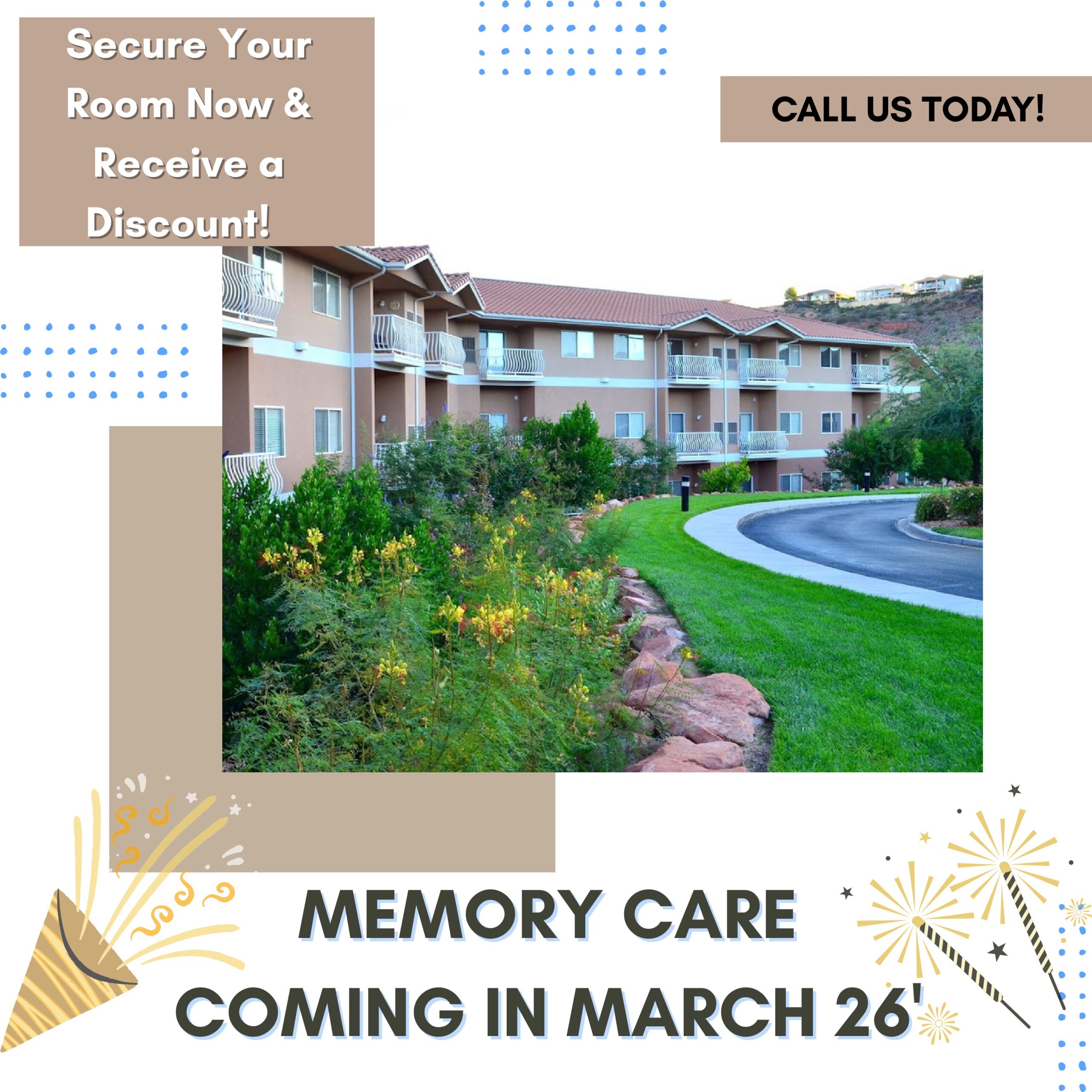 Memory Care coming soon with Sterling Court apartment building and flowers