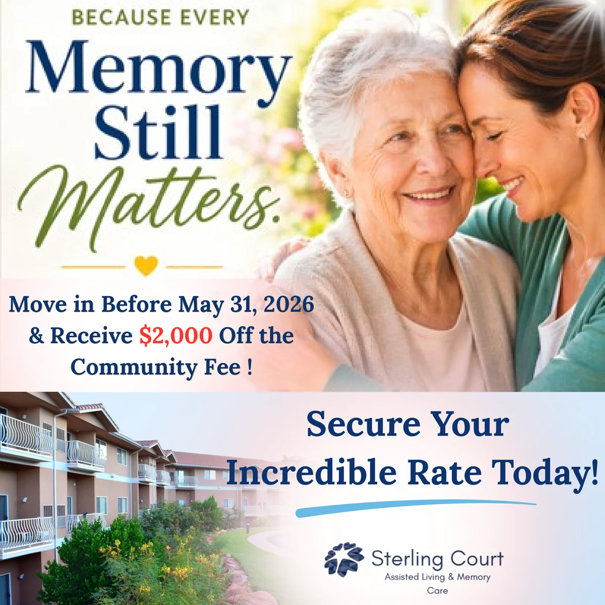 Memory Care move in special before 5/31/26