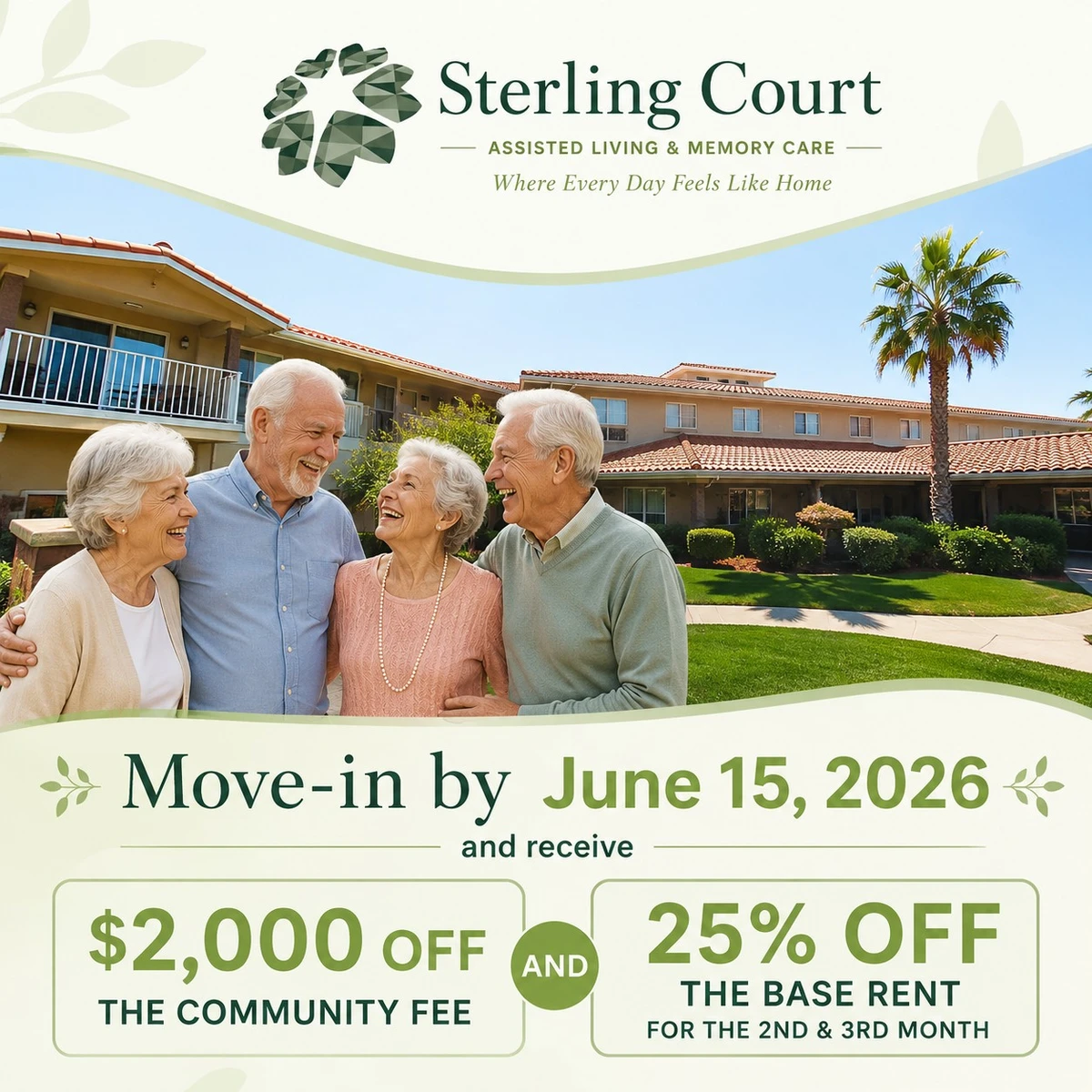 Move in by June 15, 2026 special with $2000 off community fee and 25% off 2nd and 3rd month.