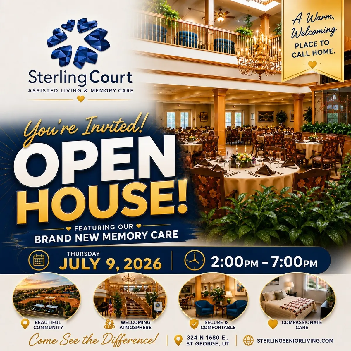 Sterling Court Open House Invitation. Brand New Memory Care. July 9, 2026. 2pm to 7pm