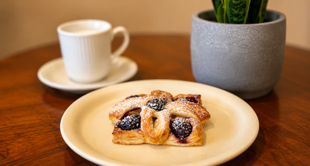 A pastry on a plate with a cup of coffee and plant beside it.