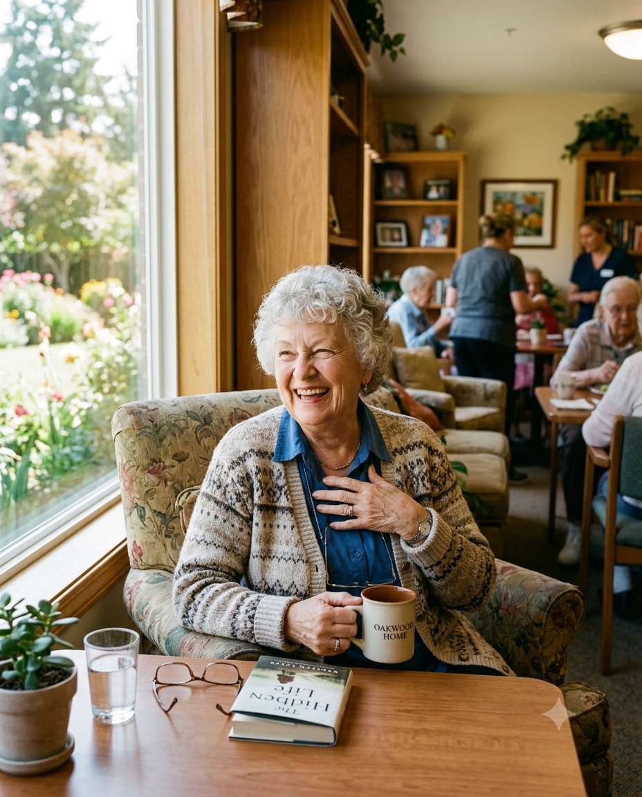 A happy mature woman looking out a window