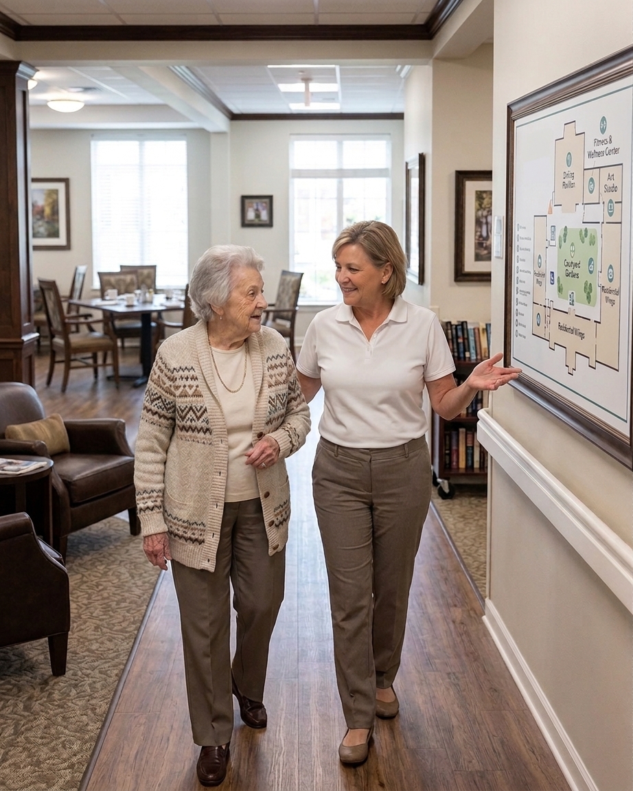 A mature woman taking a tour of a senior home