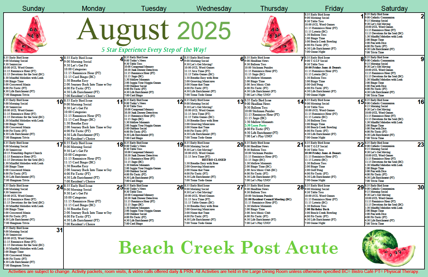Beach Creek August calendar Beach Creek August calendar