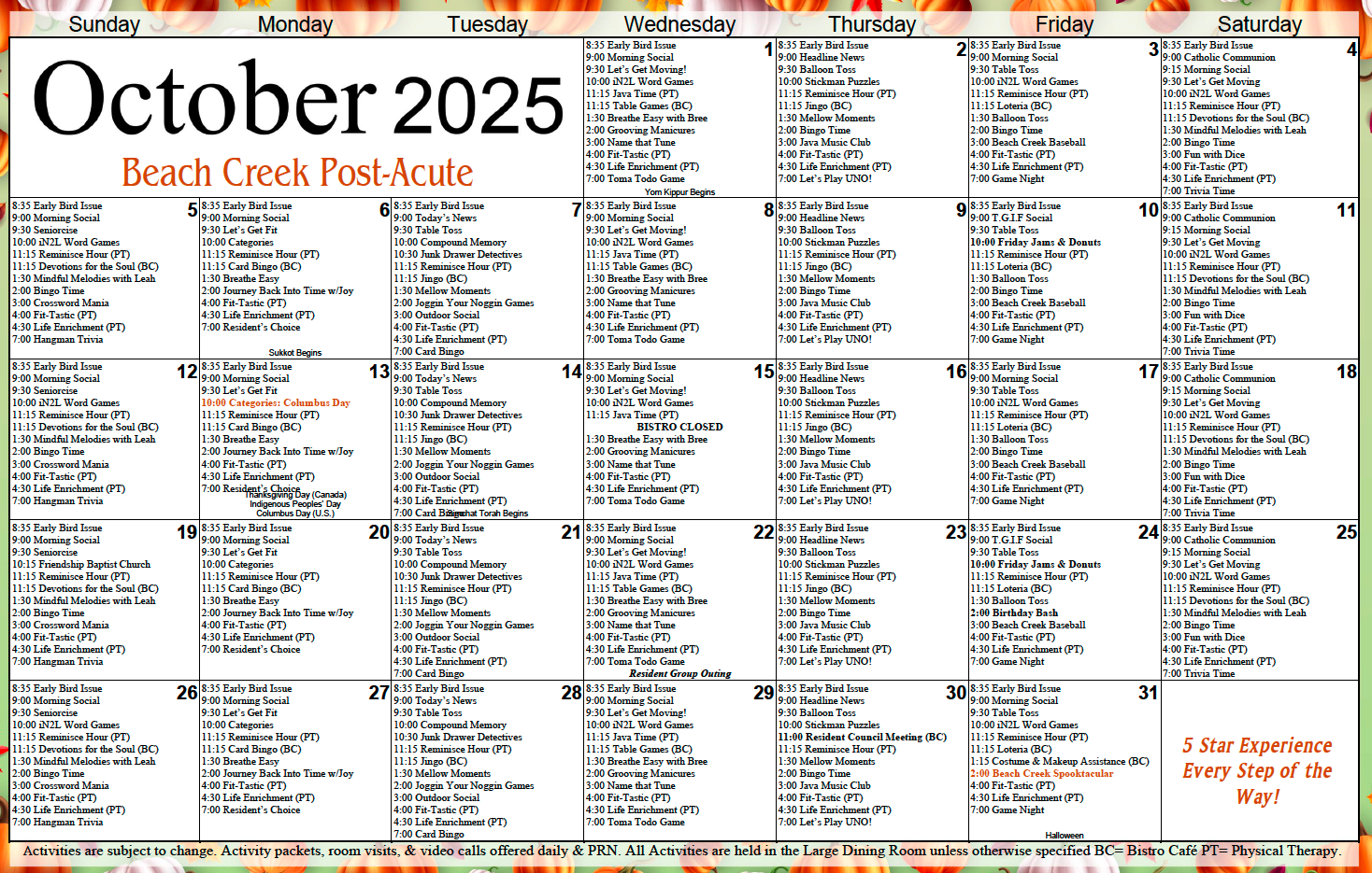 Beach Creek October calendar Beach Creek October calendar