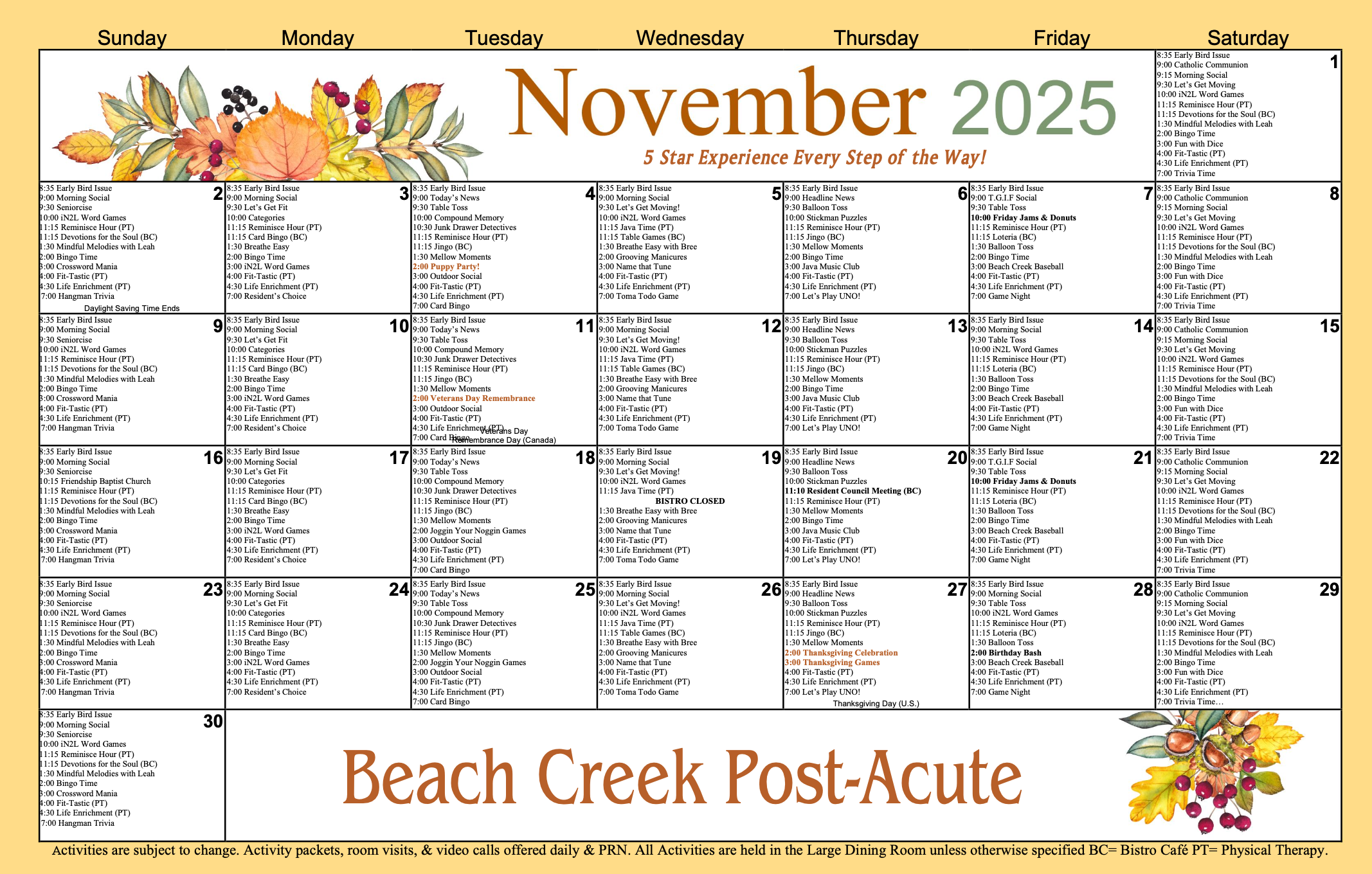 Beach Creek Post Acute November Calendar