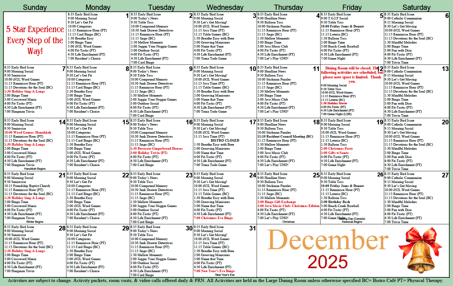 Beach Creek December calendar