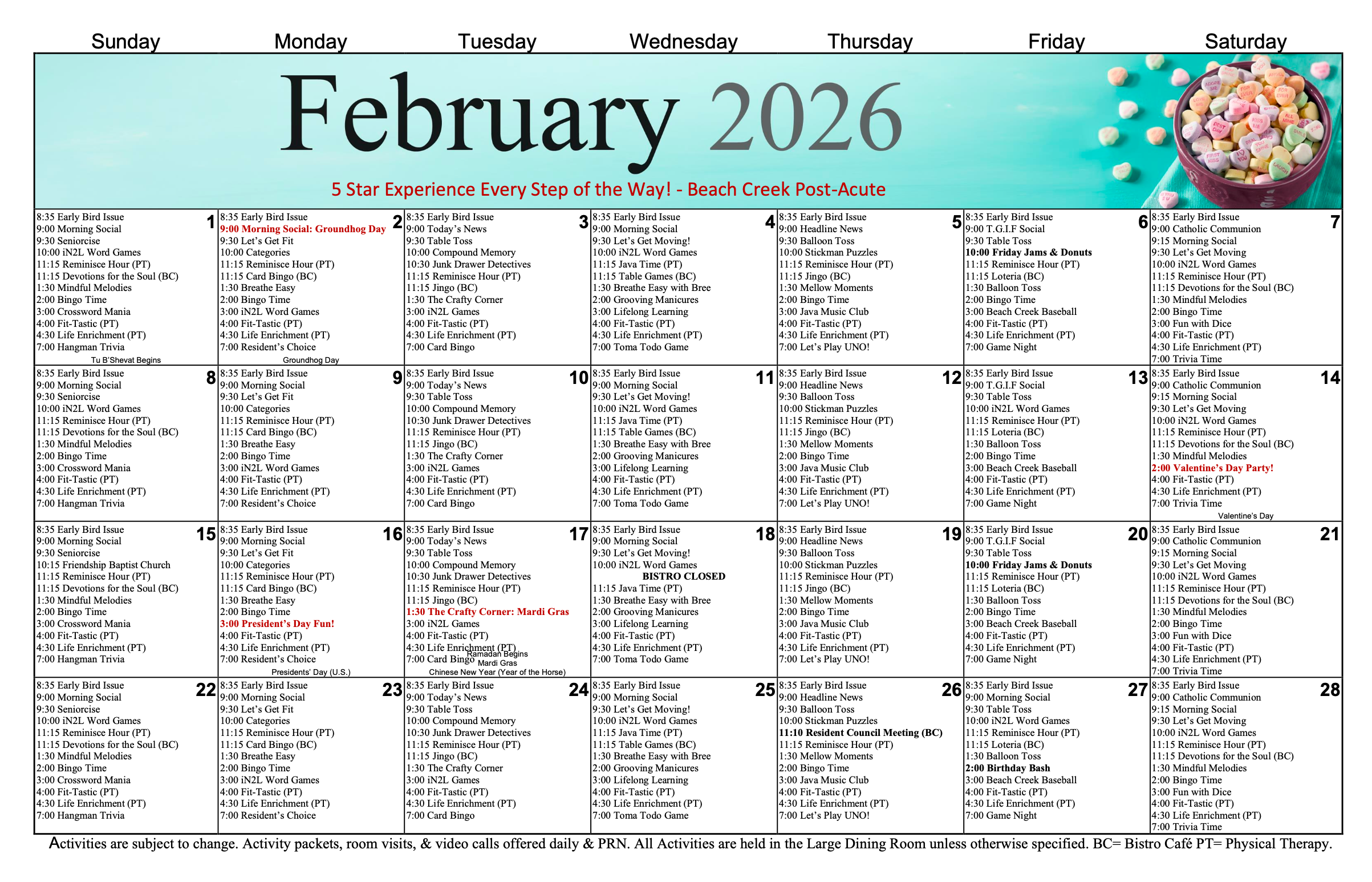 Beach Creek Post Acute February Activity Calendar