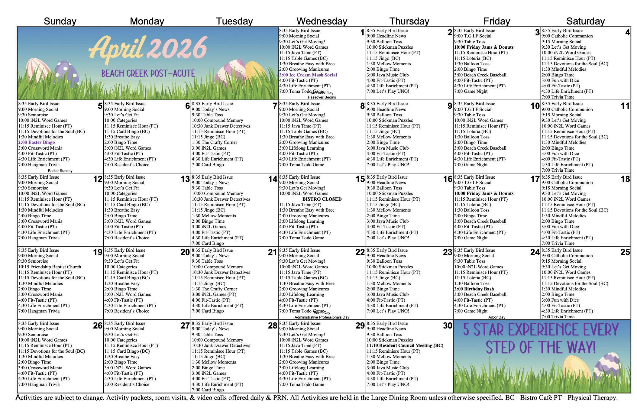 April 2026 Activity Calendar