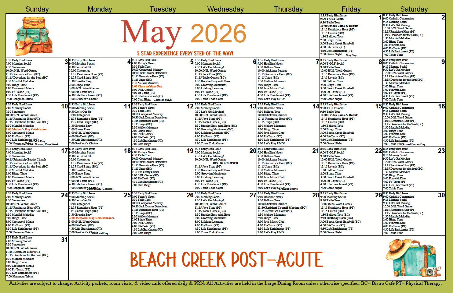 Beach Creek Post-Acute May calendar