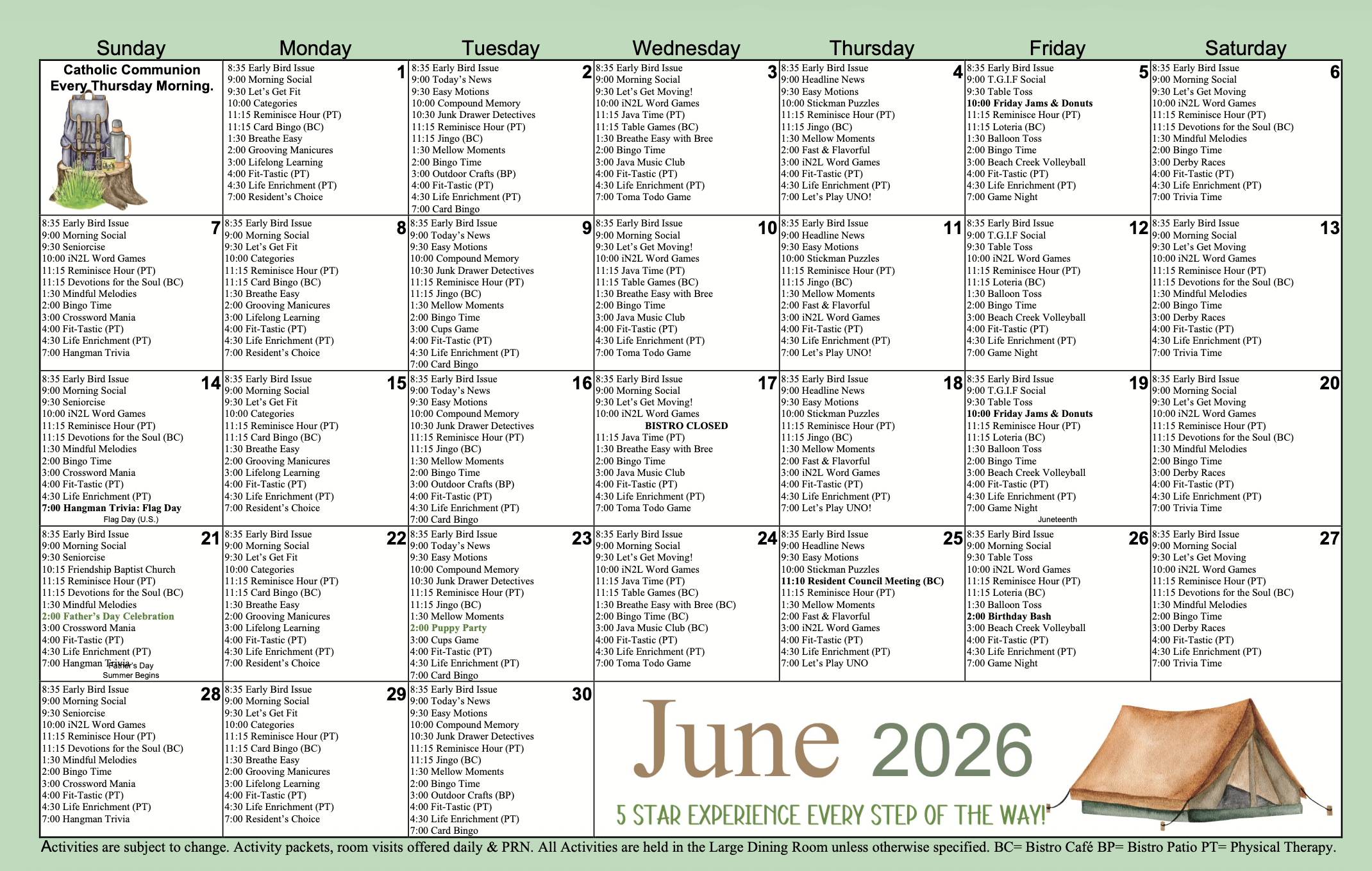 June 2026 Beach Creek Post Acute Activity Calendar
