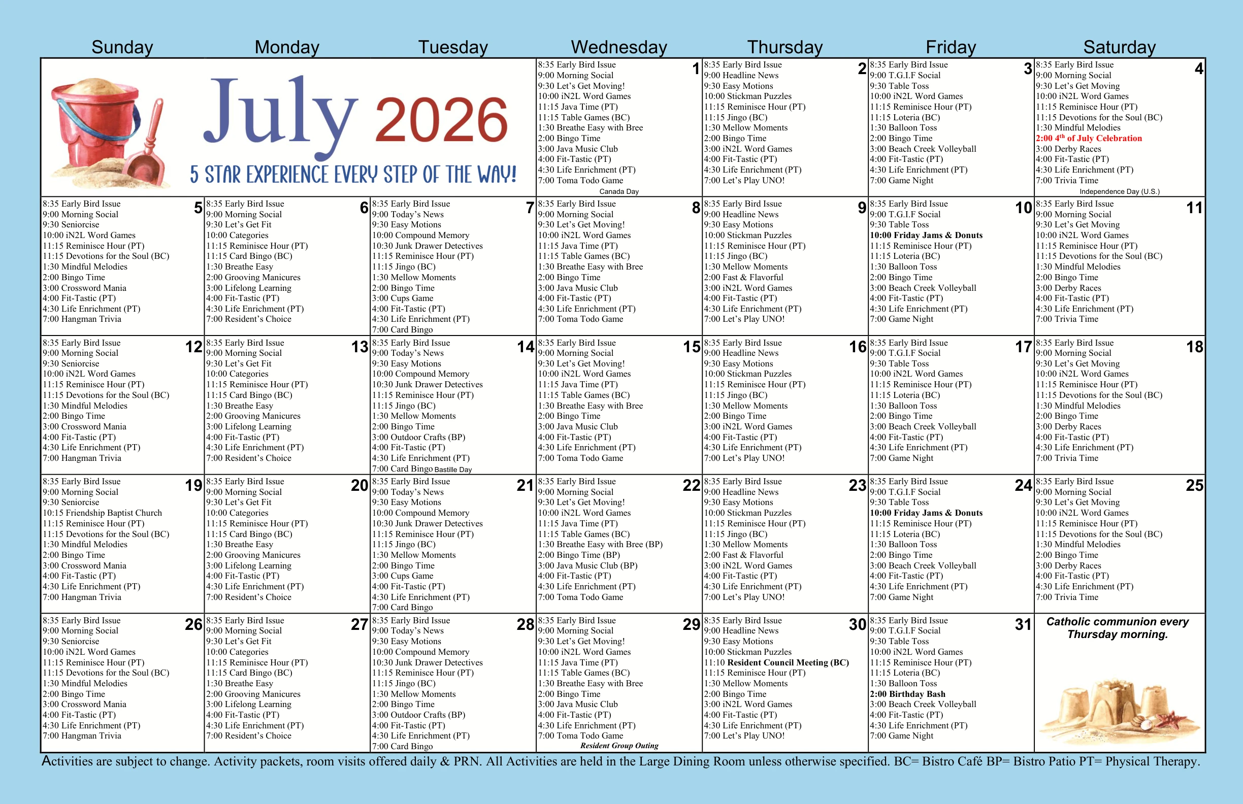 July 2026 5 Star Experience Every Step of the Way Beach Creek Post Acute Activity Calendar