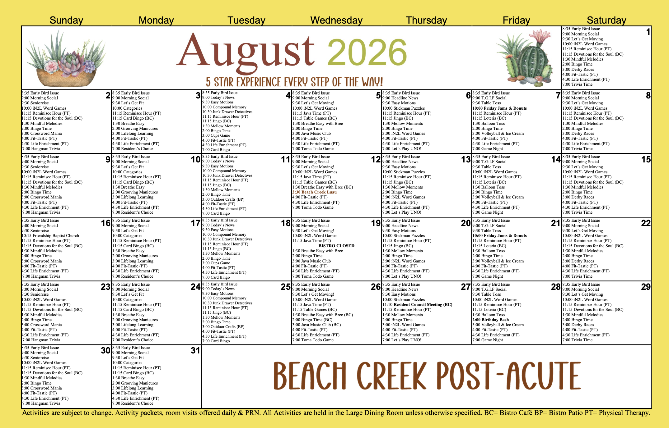 Beach Creek Post-Acute August 2026 calendar 5-star Experience every step of the way!