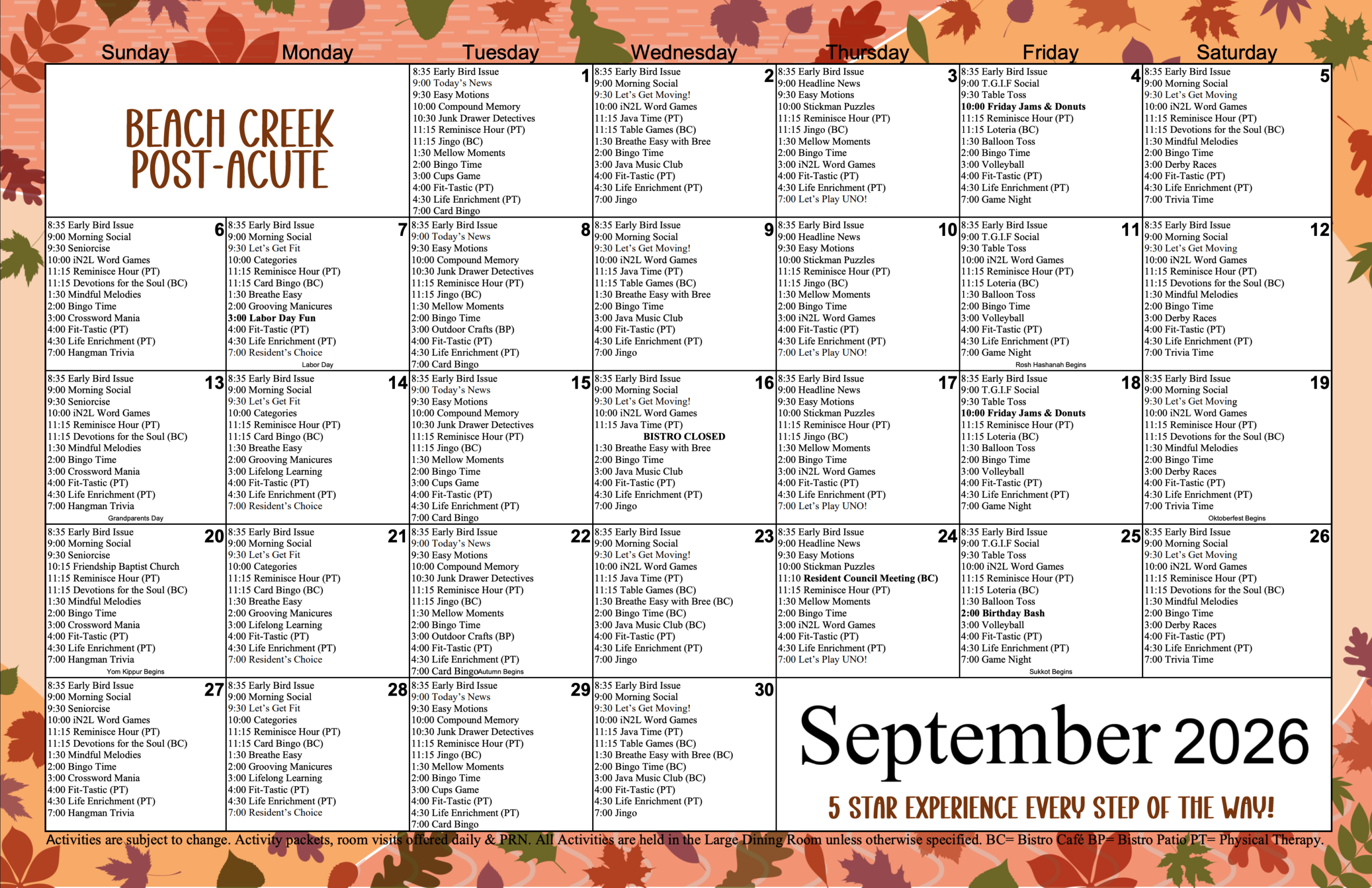 Beach Creek Post-Acute September 2026 Activity Calendar. 5 Star Experience Every Step of the Way