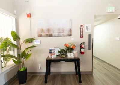 A small display table in the front lobby