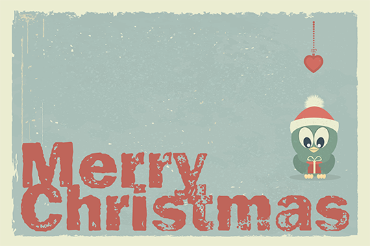 Merry Christmas card with illustrated penguin with Santa hat