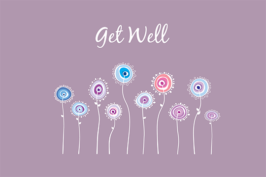 Get well card with purple background and illustrated flowers