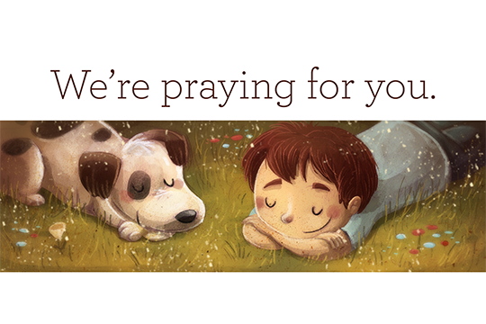 We're praying for you card with illustrated dog and boy