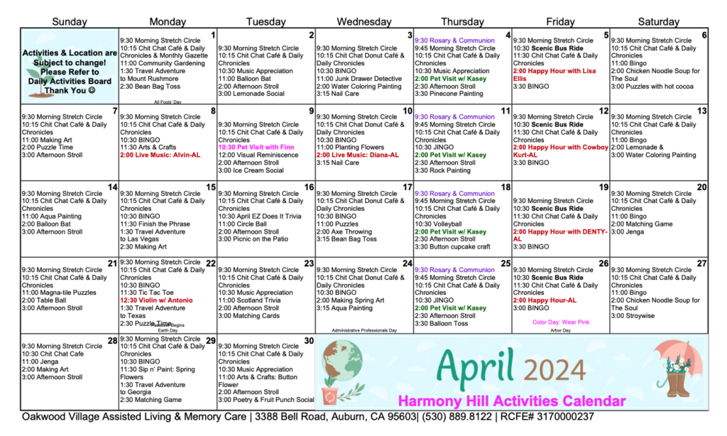 Memory Care April Activity Calendar