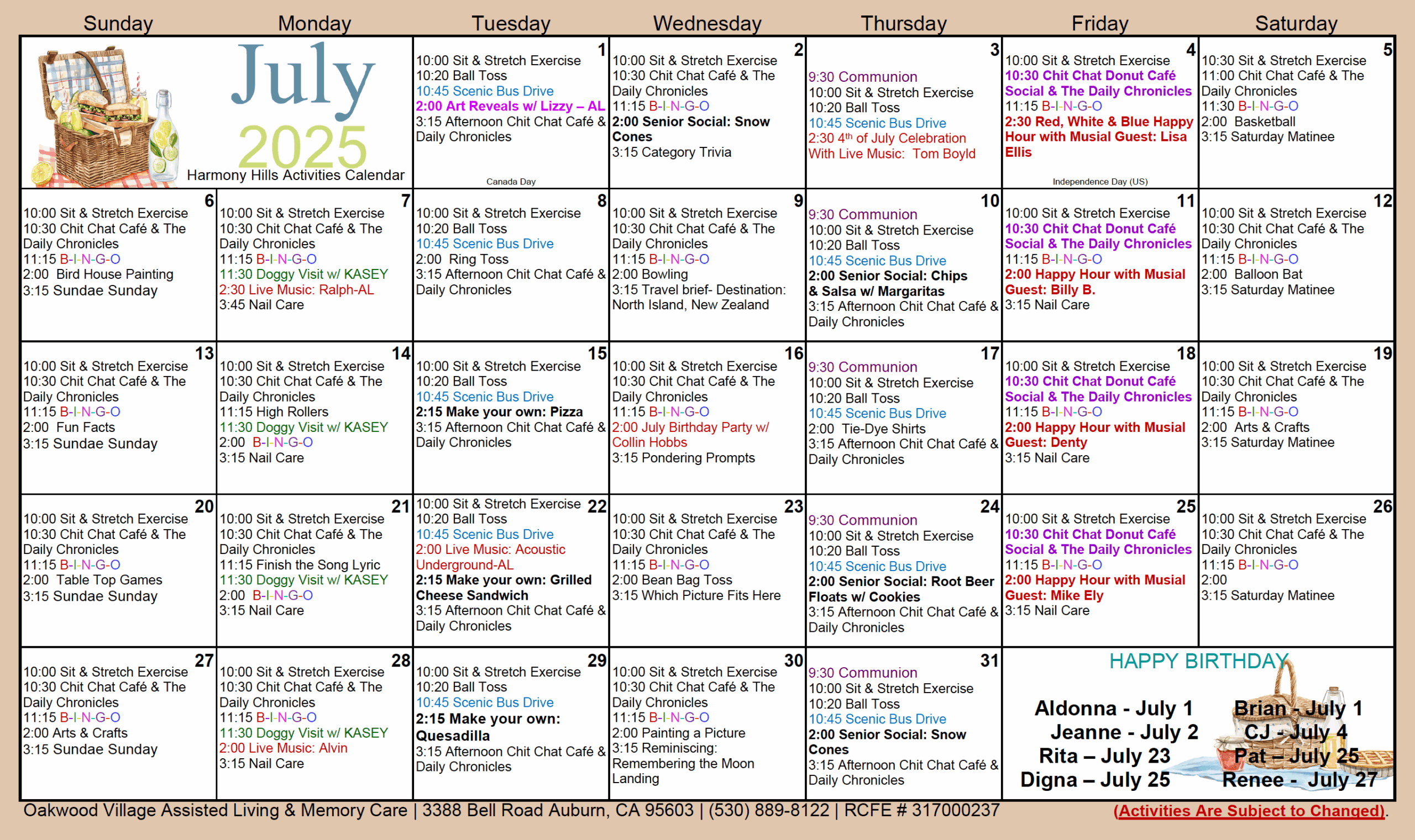 Oakwood Village MC July calendar