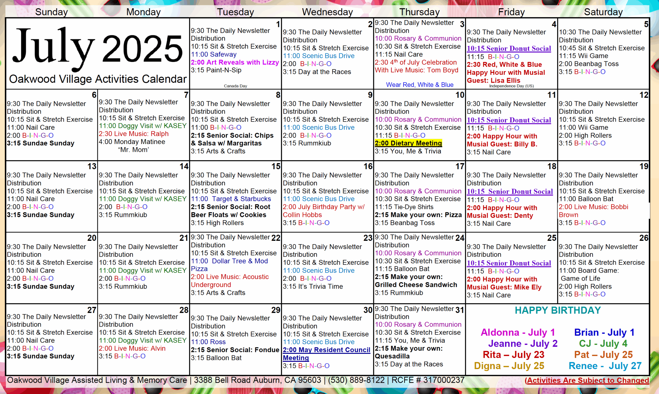 Oakwood Village AL July calendar