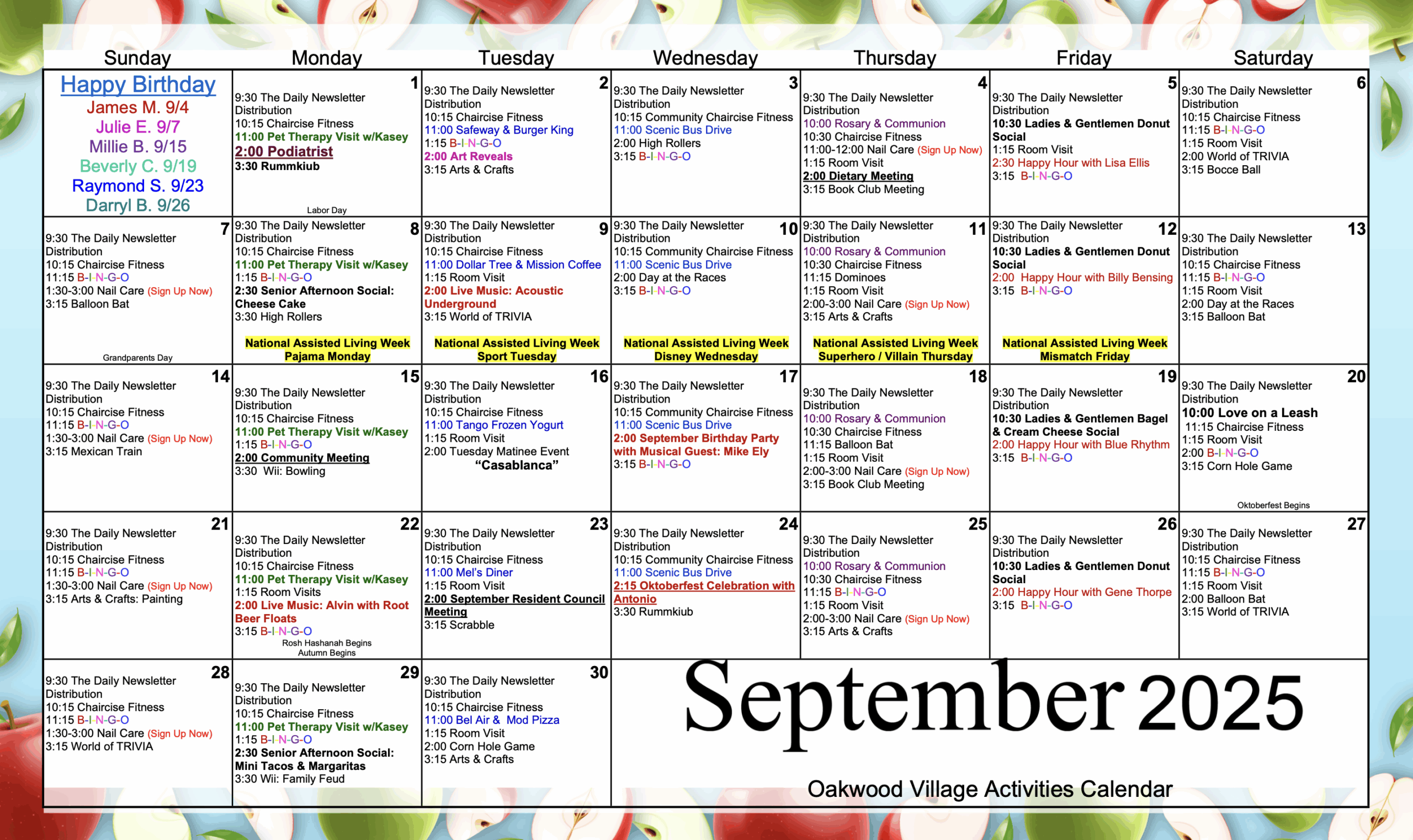 Oakwood Village September Activity Calendar