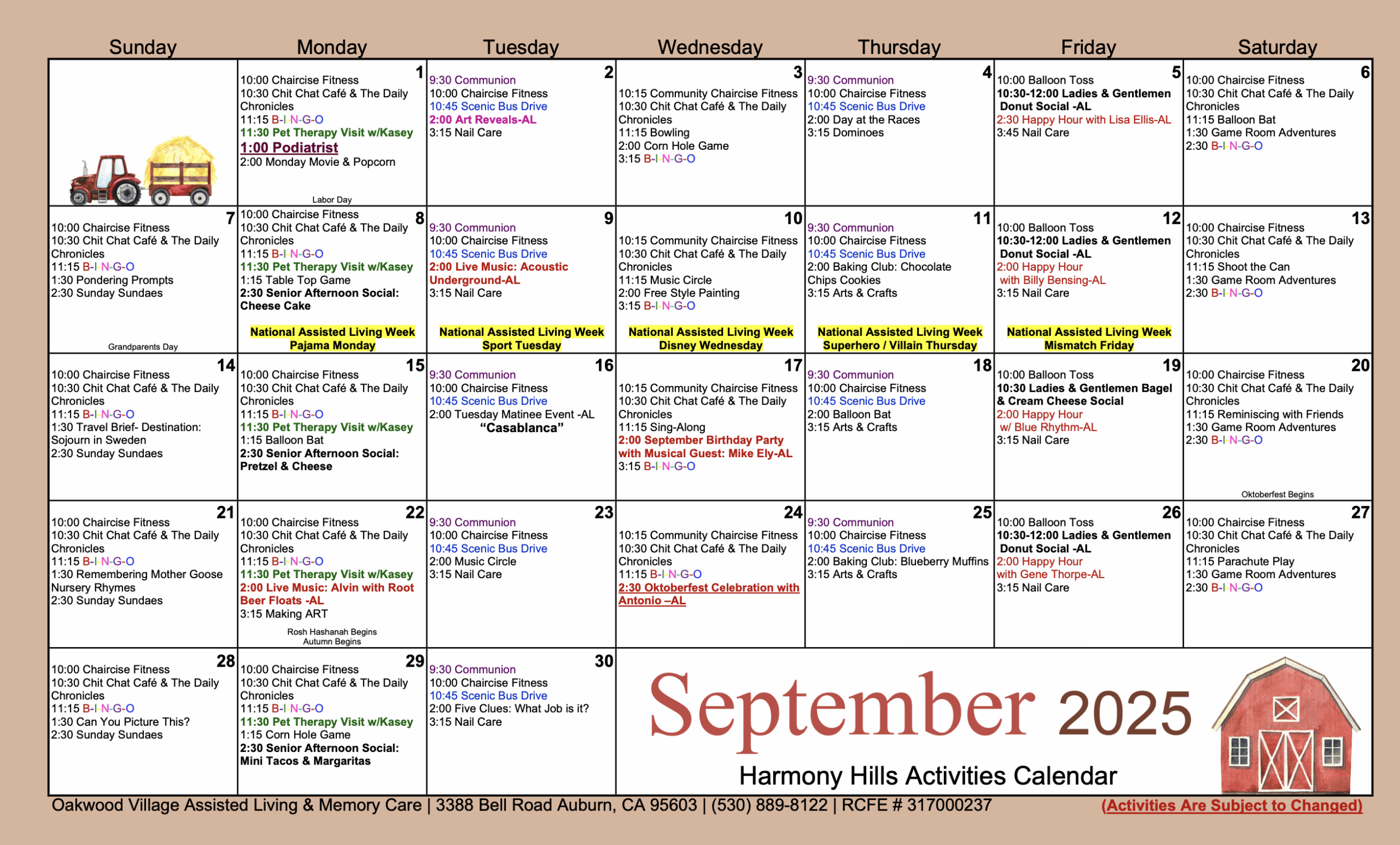 Harmony Hills September Calendar