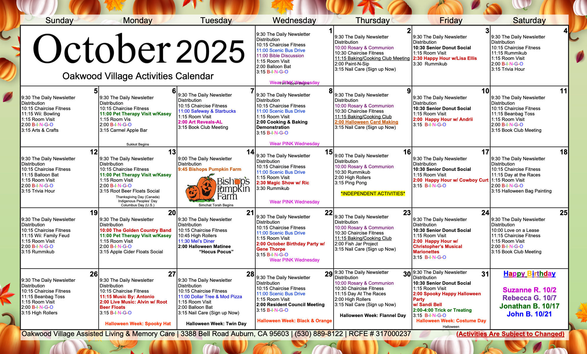 Assisted Living Oakwood Village October Activities Calendar