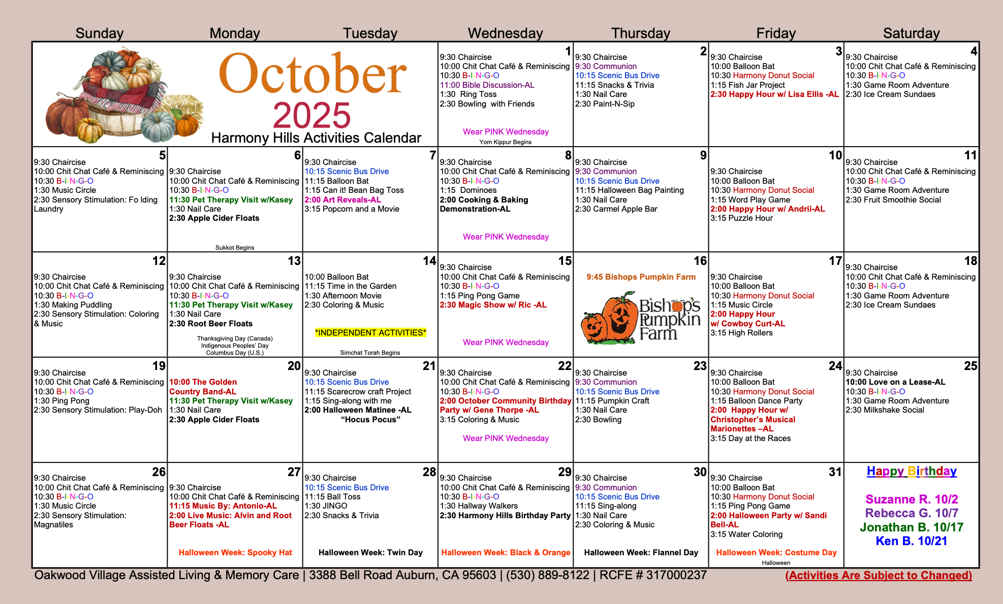 Oakwood Village Memory Care October Activities Calendar