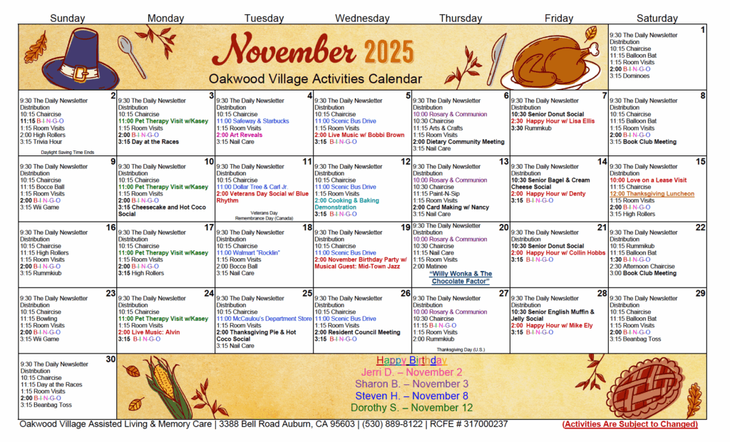 Assisted Living Activity Calendar Oakwood Village