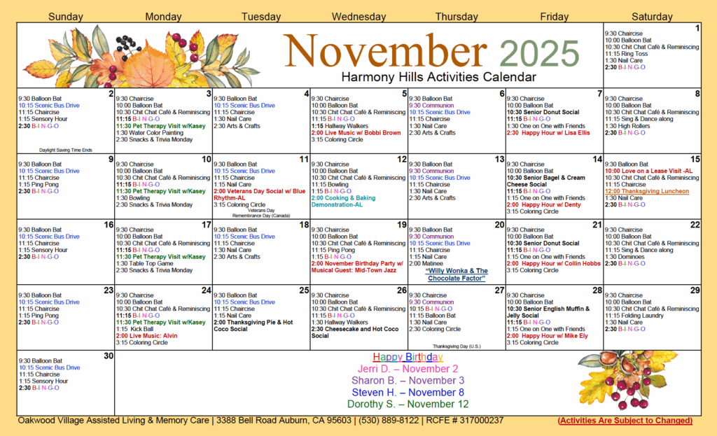 Harmony Hills calendar 2025 Oakwood