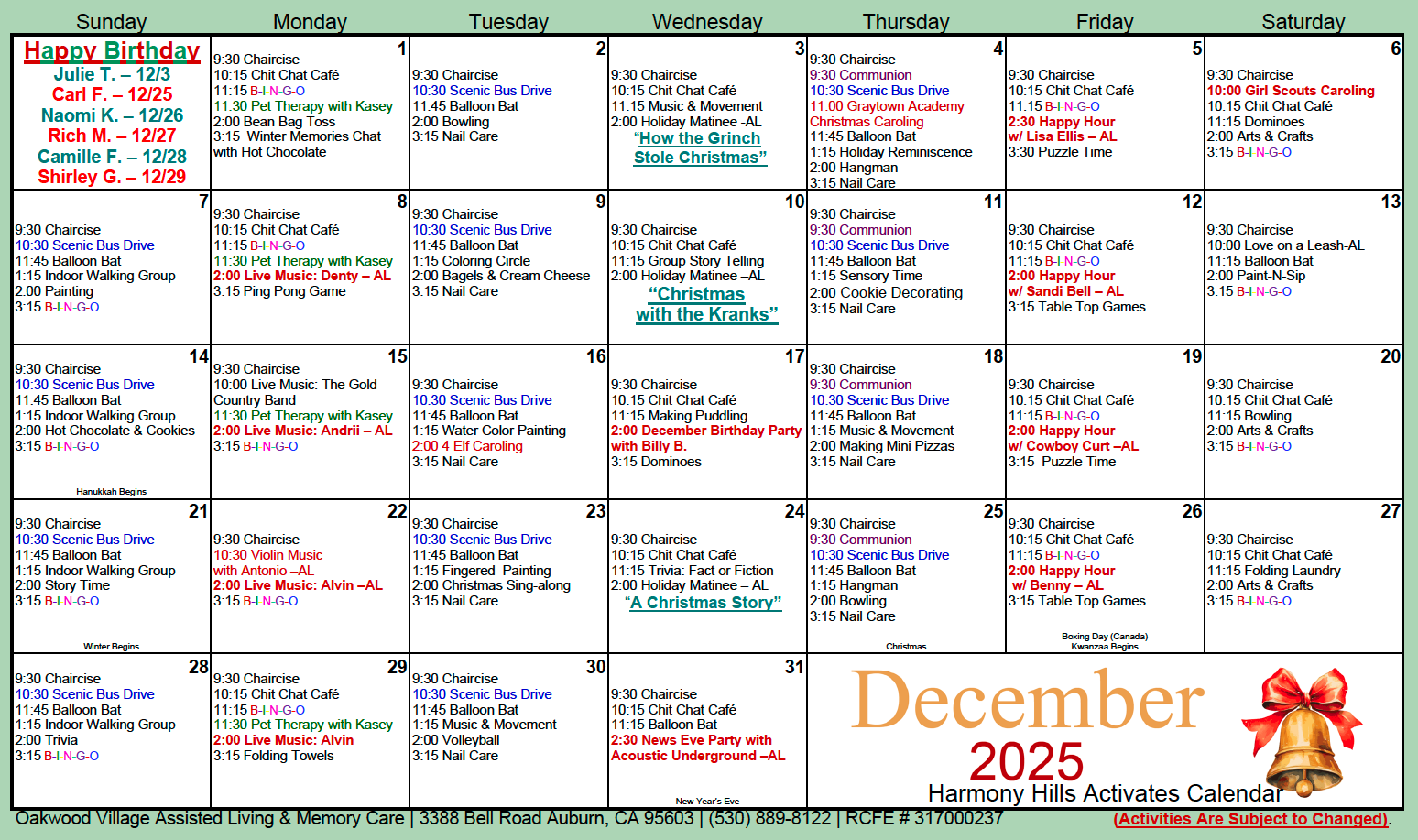Harmony Hills December activity calendar