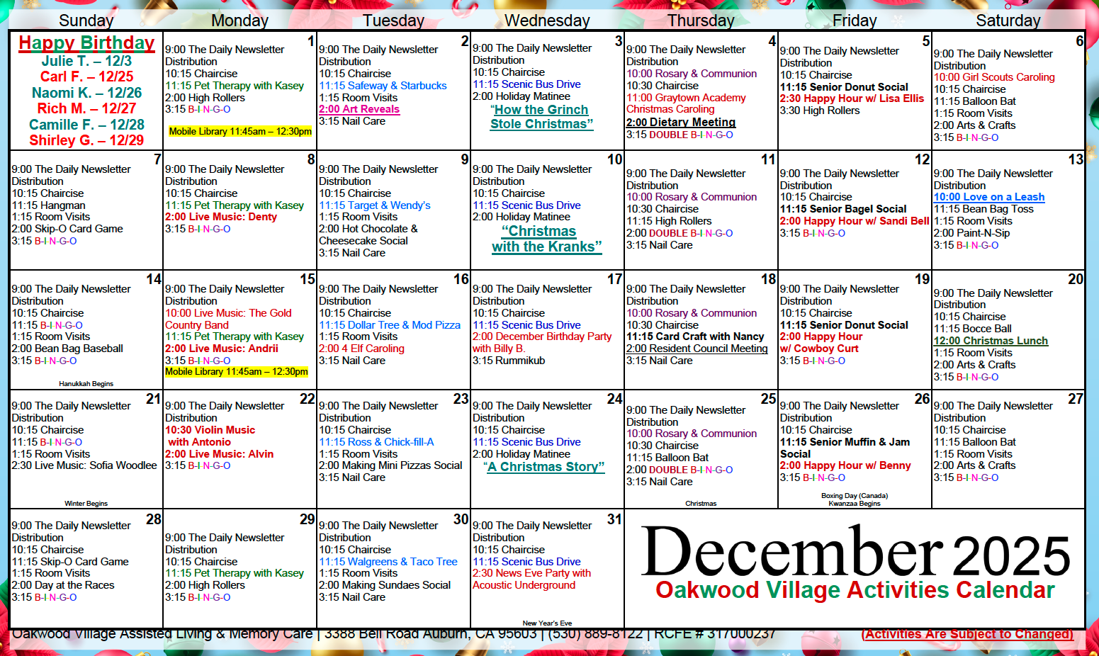 Oakwood Village December activity calendar