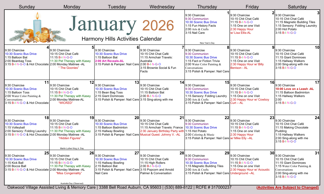 Oakwood Village MC January calendar