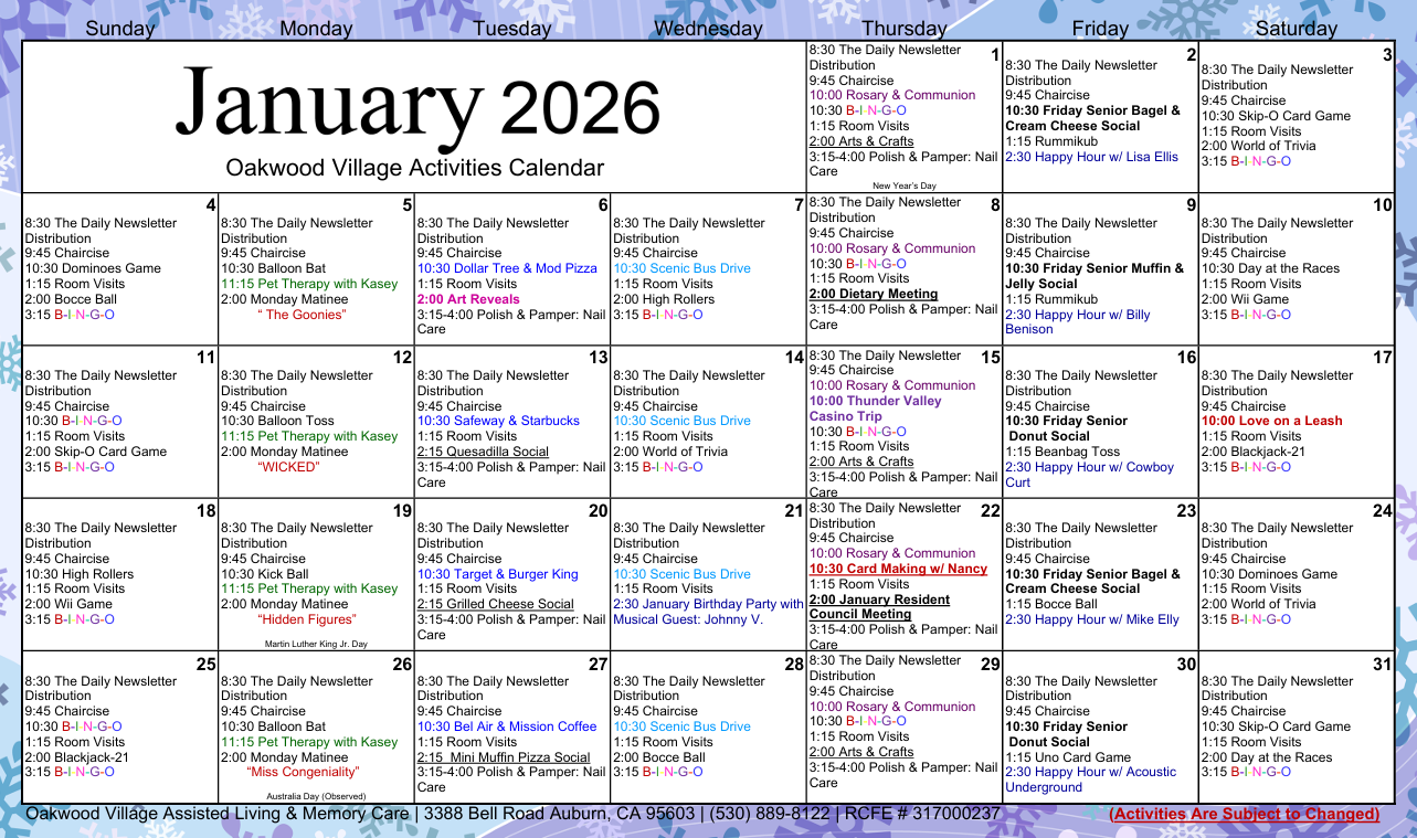 Oakwood Village AL January calendar