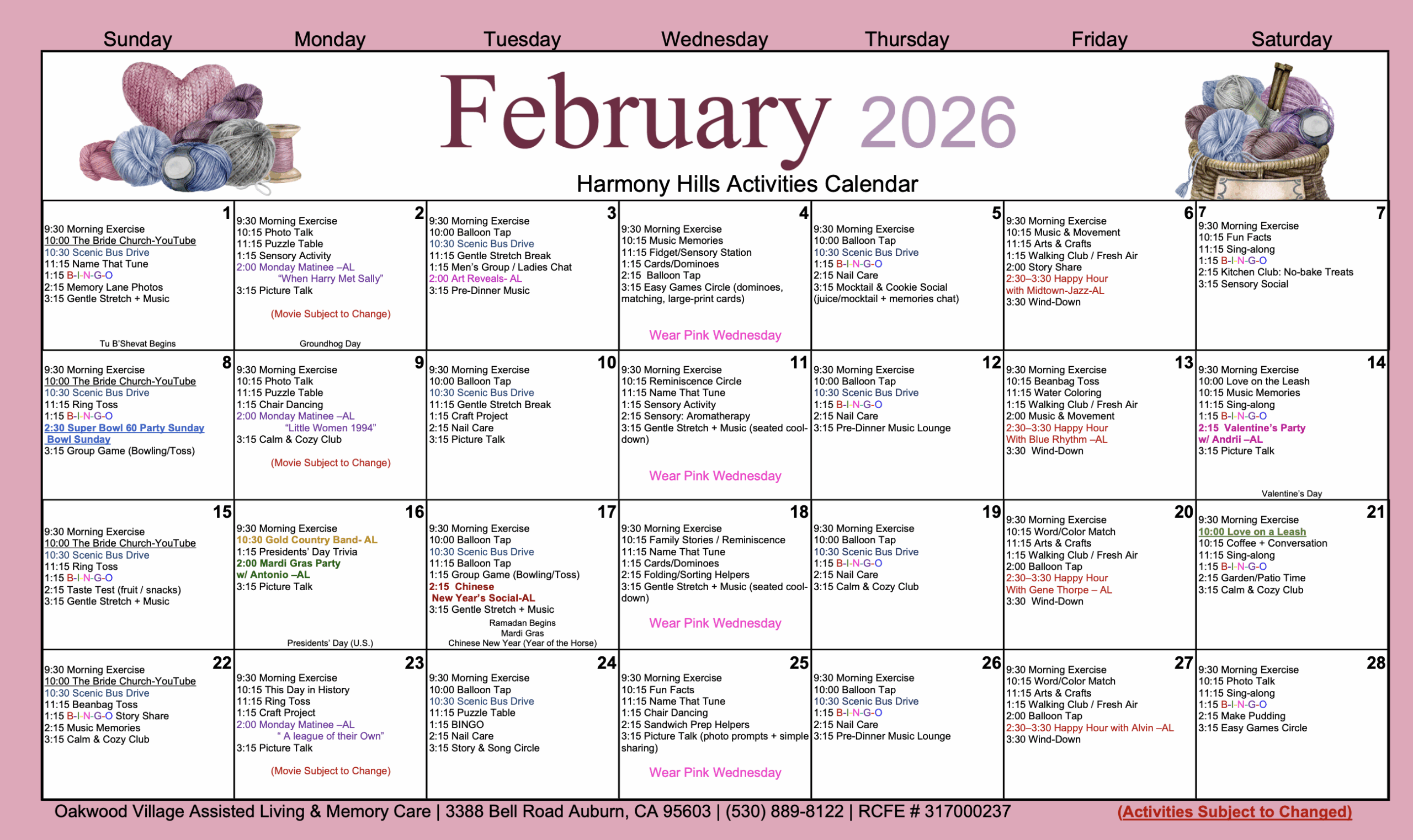 Oakwood Village Memory Care February Activity Calendar
