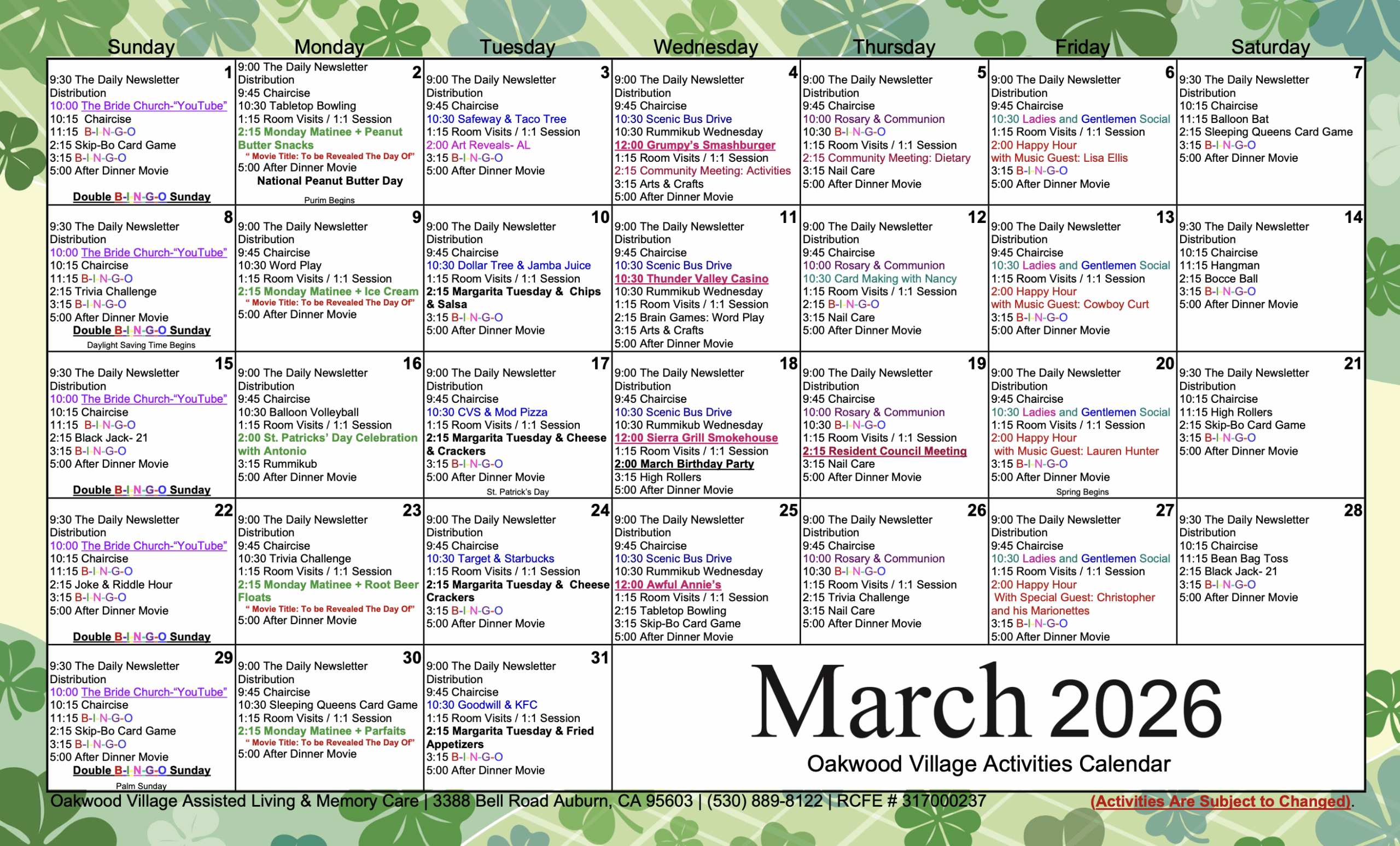 Oakwood Village Assisted Living March Calendar
