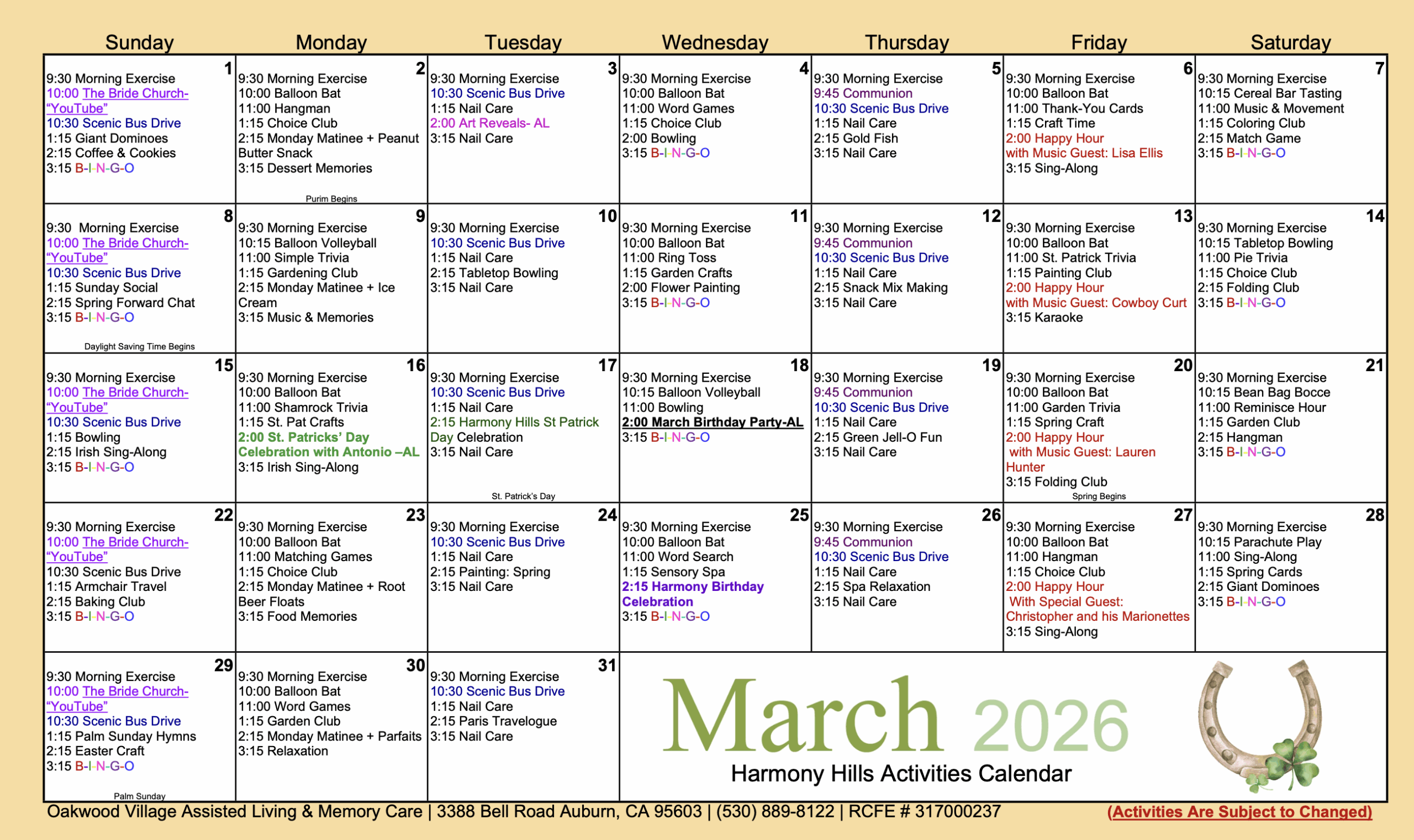 Oakwood Village Harmony MC Calendar