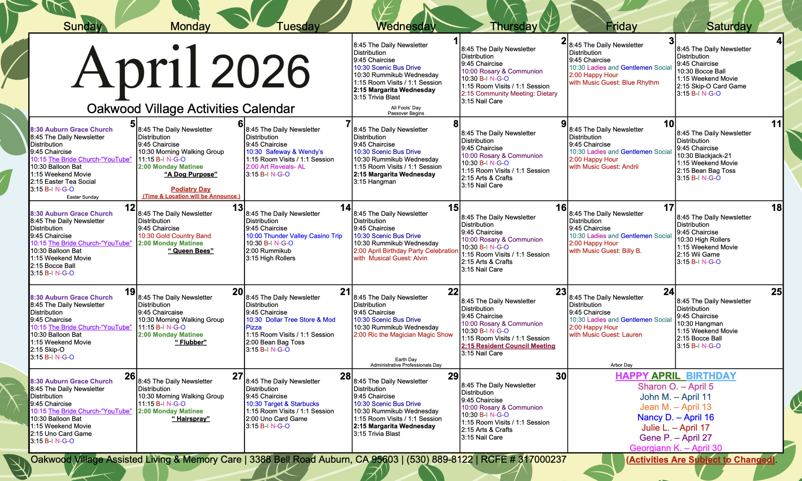 Oakwood Village Activities Calendar April 2026