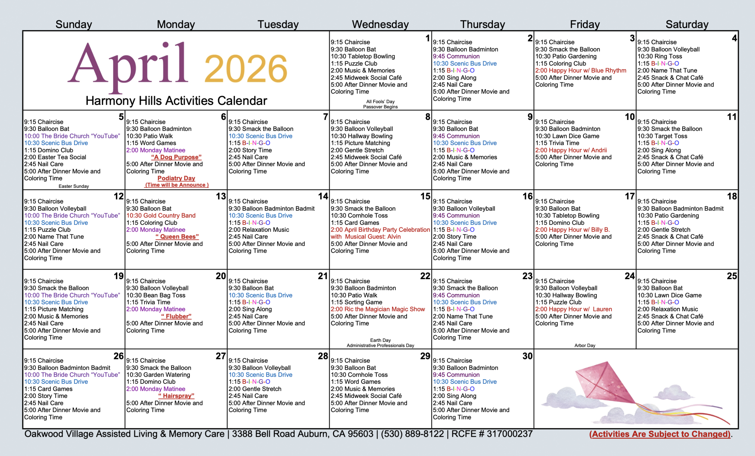 Oakwood Village Memory Care April 2026 Activity Calendar