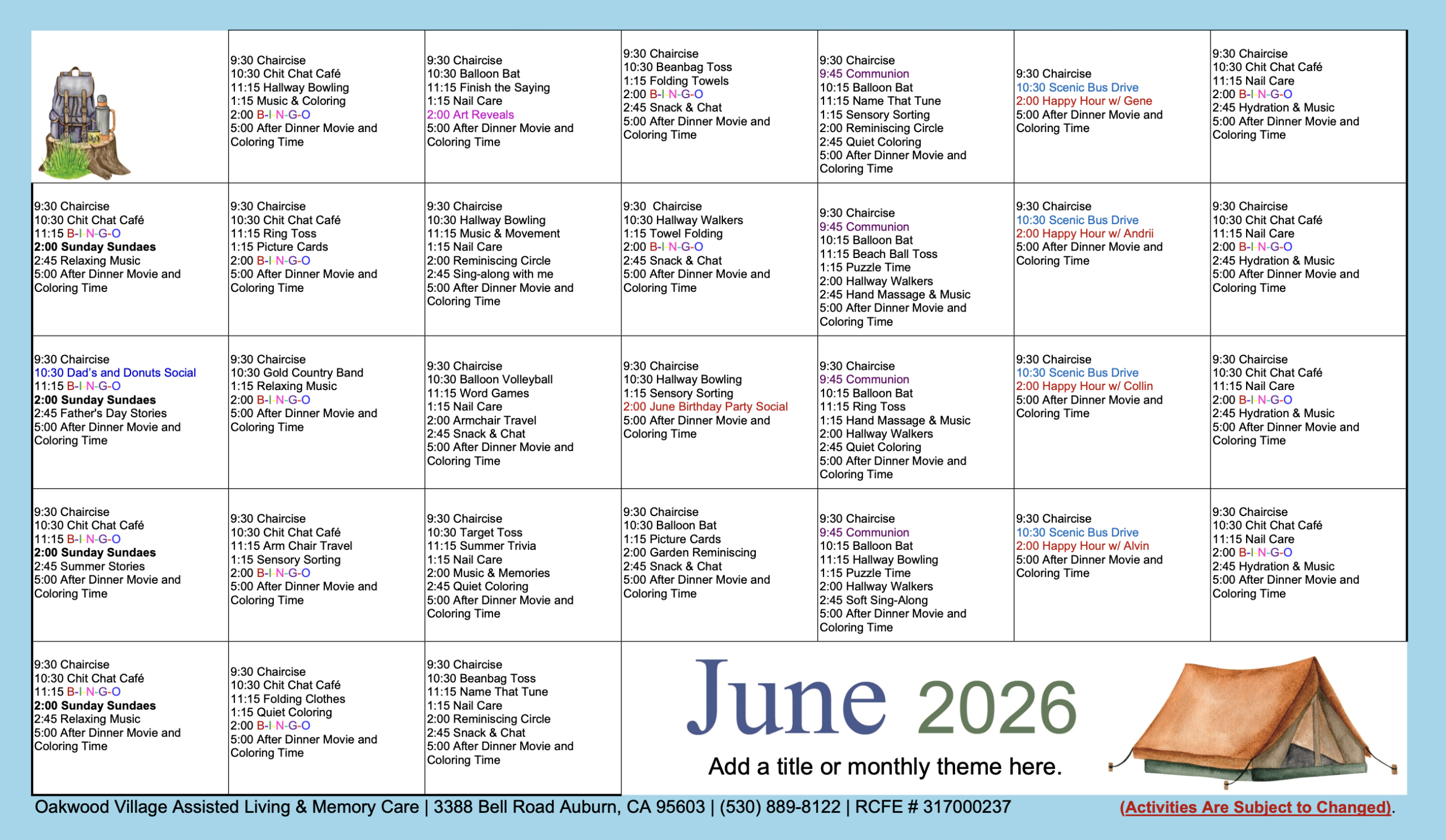 June 2026 Memory Care Activity Calendar Oakwood Village
