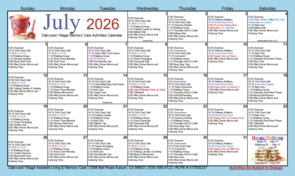 Memory Care July Calendar for Oakwood Village